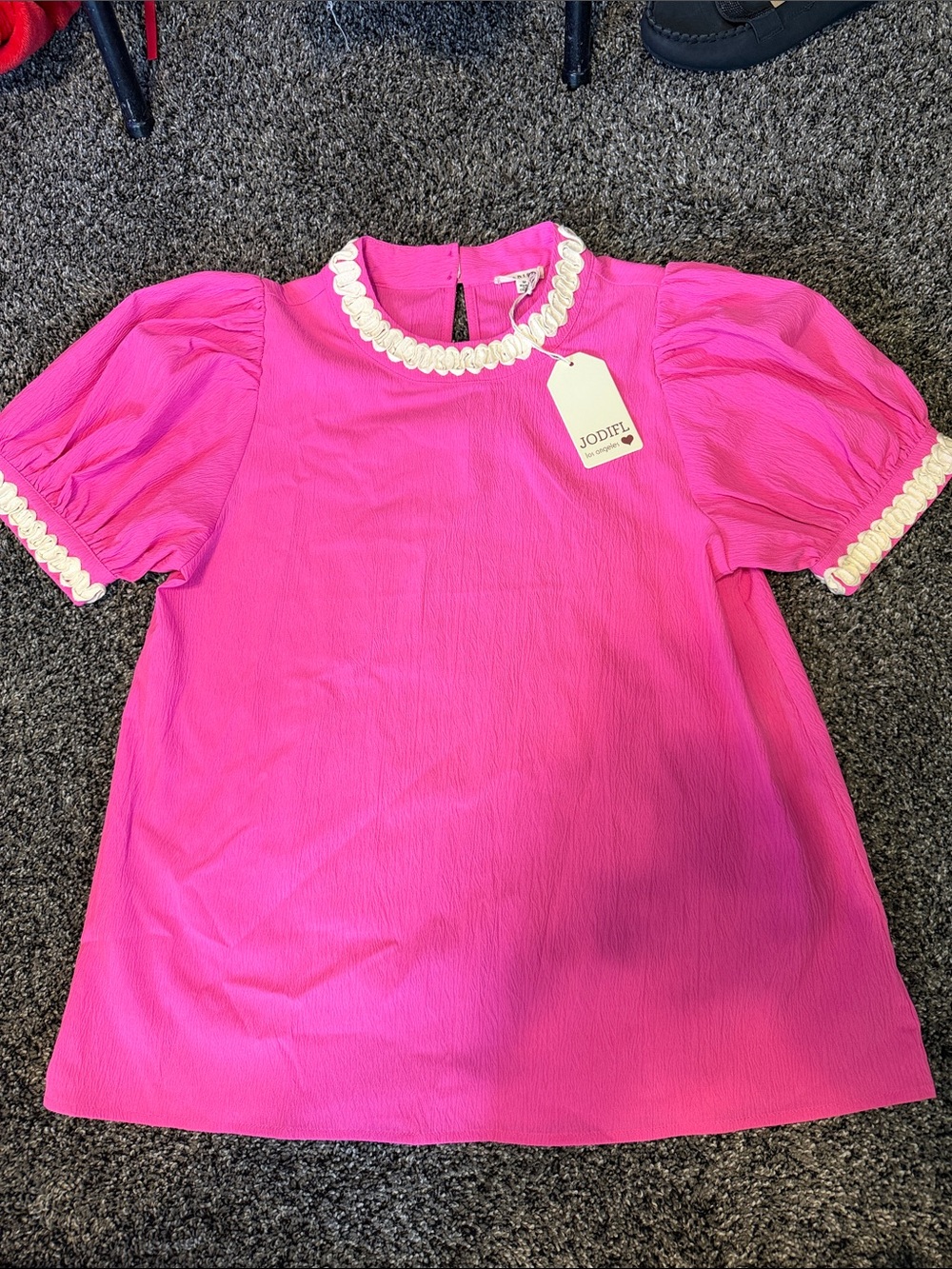 JODIFL Hot Pink Puff Sleeve Blouse with Cream Trim